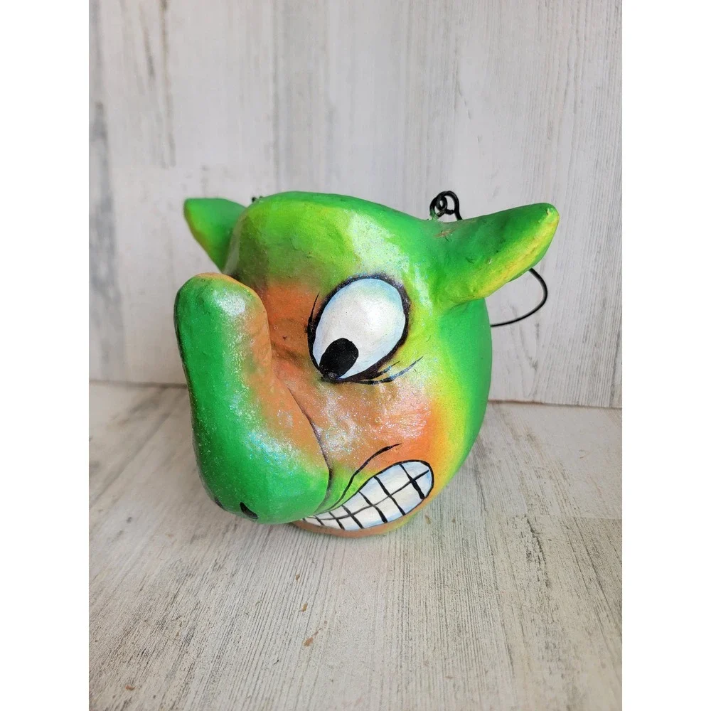 Vintage paper mache goblin gremlin candy bucket Halloween home unique
